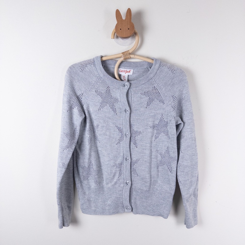 Cat & Jack Cardigan Kids 5T Gray Silver Shimmer Star Pointelle Button Up Sweater